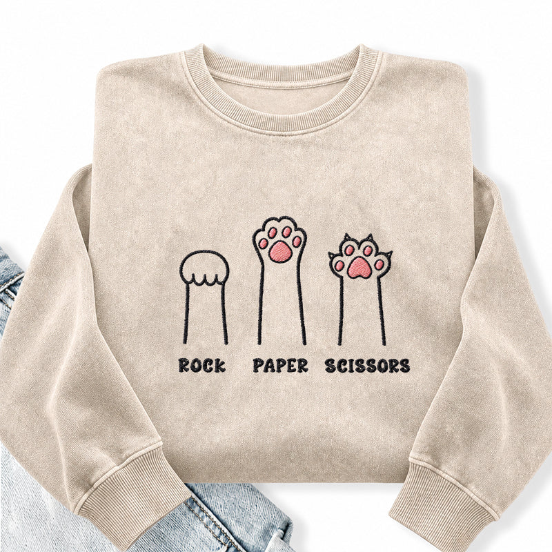 Embroidered Rock Paper Scissors Cat Paw Washed Crewneck Sweatshirt