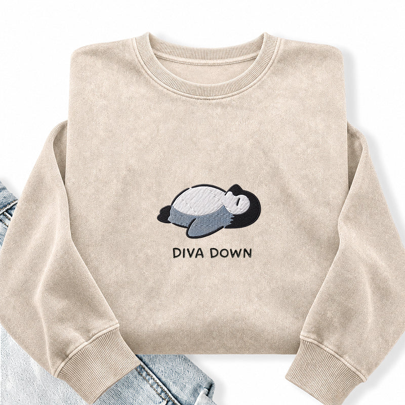 Embroidered Diva Down Penguin Washed Crewneck Sweatshirt