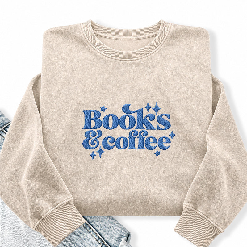 Embroidered Books & Coffee Washed Crewneck Sweatshirt