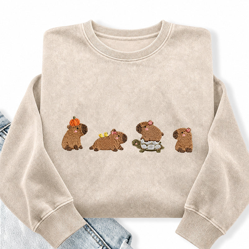 Embroidered Cute Capybara Washed Crewneck Sweatshirt