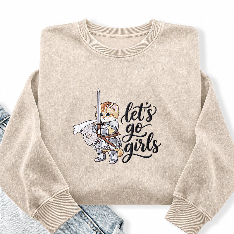 Embroidered Let's Go Girls Knight Cat Washed Crewneck Sweatshirt