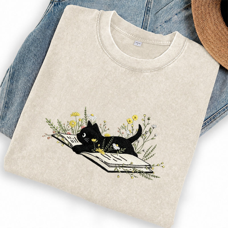 Embroidered Floral Book Cat Washed Crew Neck T-Shirt