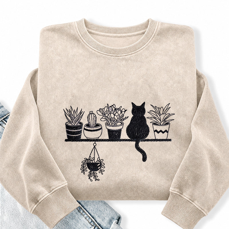 Embroidered Cats And Plants Washed Crewneck Sweatshirt
