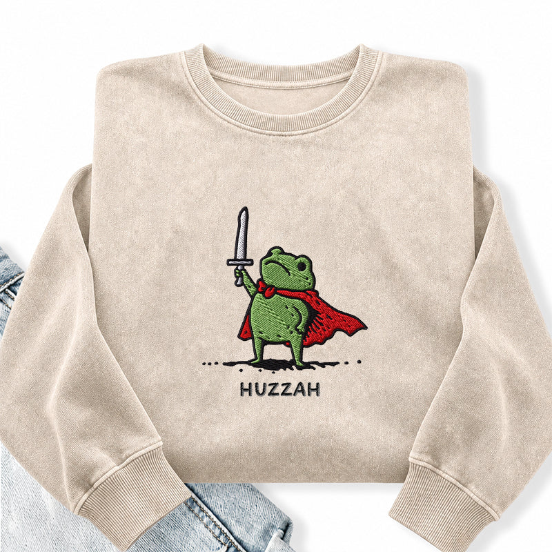 Embroidered Huzzah Frog with Sword Washed Crewneck Sweatshirt