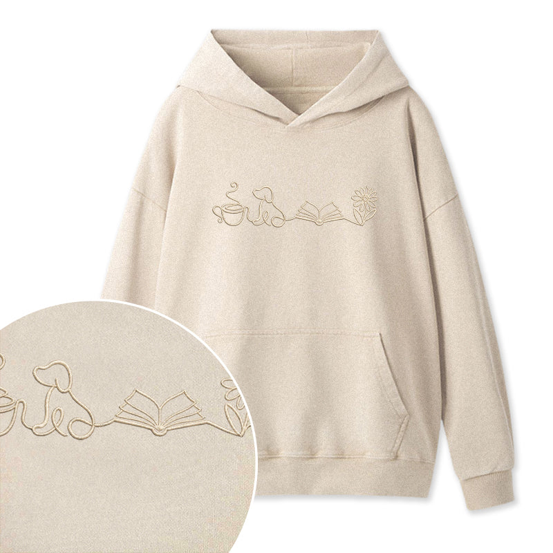 Embroidered Coffee Dog Book Flowers Washed Hoodie