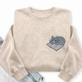 Embroidered Cat On Book Washed Crewneck Sweatshirt