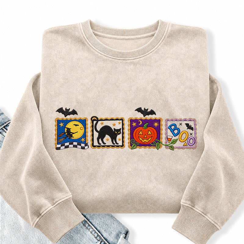 Embroidered Retro Halloween Washed Crewneck Sweatshirt