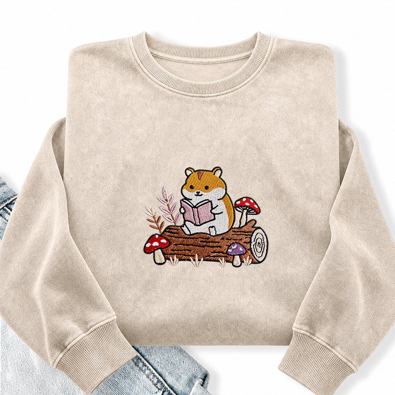 Embroidered Hamster Reading Books Washed Crewneck Sweatshirt