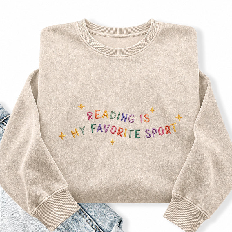 Embroidered Reading Is My Favorite Sport Washed Crewneck Sweatshirt