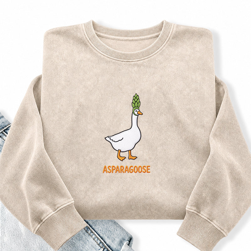 Embroidered Funny Asparagus Asparagoose Washed Crewneck Sweatshirt