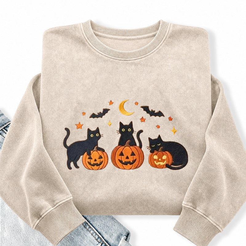 Embroidered Black Cat Pumpkins Washed Crewneck Sweatshirt