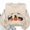 Embroidered Black Cat Pumpkins Washed Crewneck Sweatshirt