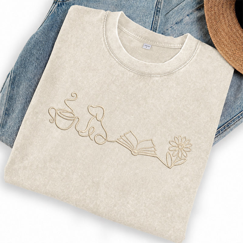 Embroidered Coffee Dog Book Flowers Washed Crew Neck T-Shirt