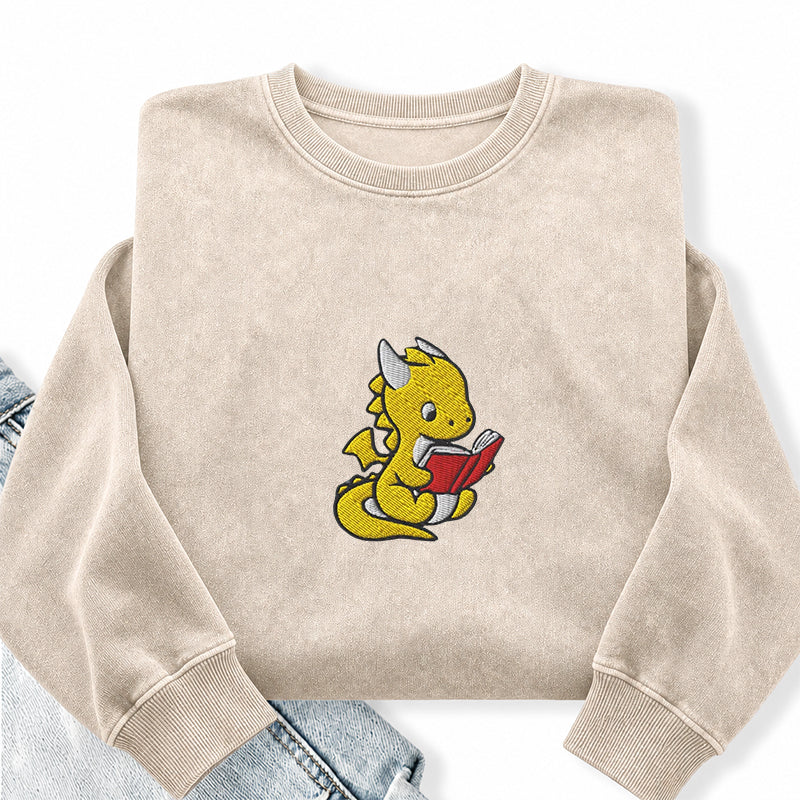 Embroidered Dragon Reading Books Washed Crewneck Sweatshirt