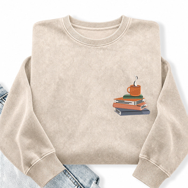 Embroidered Book And Coffee Washed Crewneck Sweatshirt