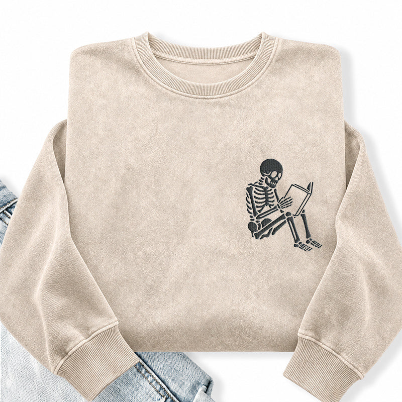 Embroidered Reading Skeleton Washed Crewneck Sweatshirt