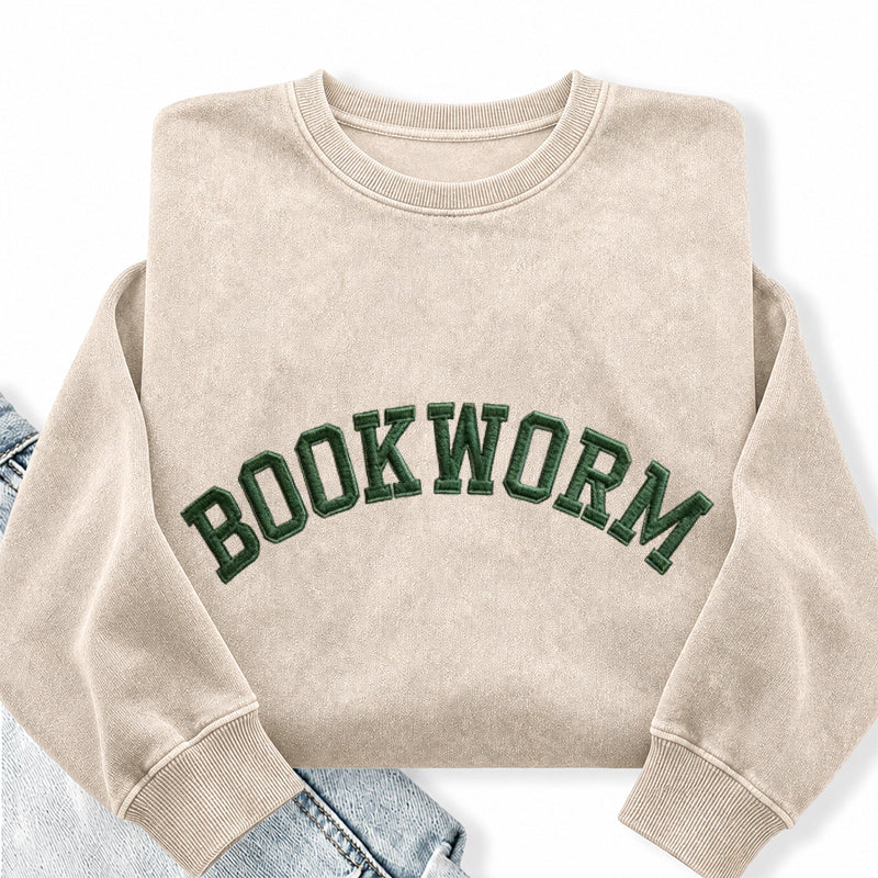 Embroidered Bookworm Washed Crewneck Sweatshirt