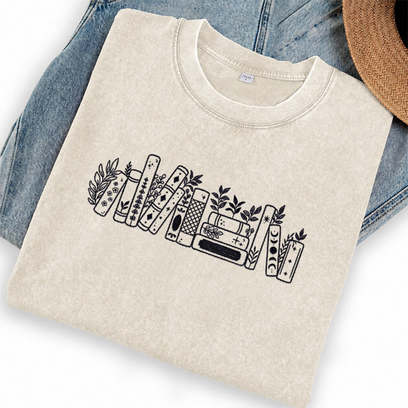 Embroidered Flower Book Washed Crew Neck T-Shirt