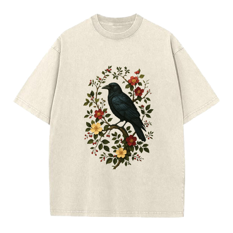 Gothic Cottagecore Raven Washed Crew Neck T-Shirt