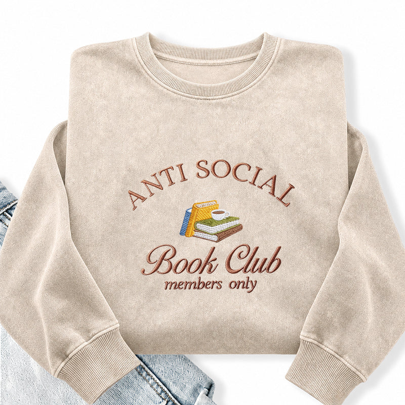 Embroidered Anti Social Book Club Washed Crewneck Sweatshirt