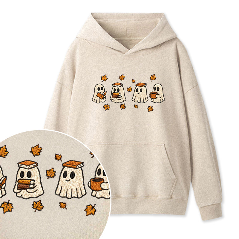 Embroidered Autumn Bookish Ghost Washed Hoodie