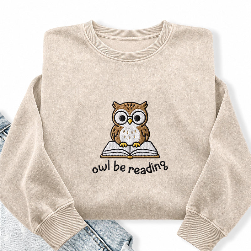 Embroidered Owl Be Reading Washed Crewneck Sweatshirt