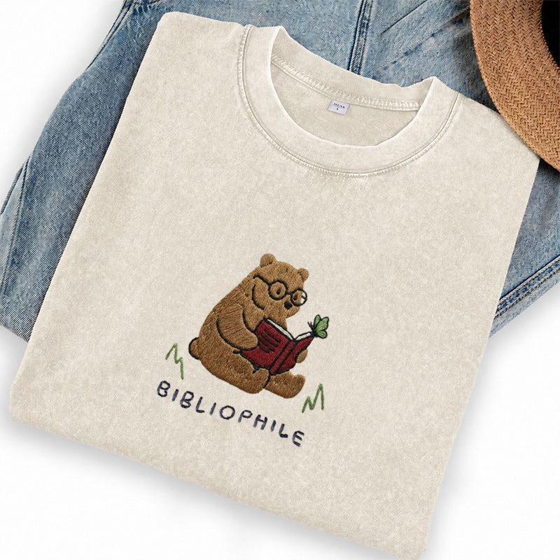 Embroidered Reading Bear Washed Crew Neck T-Shirt