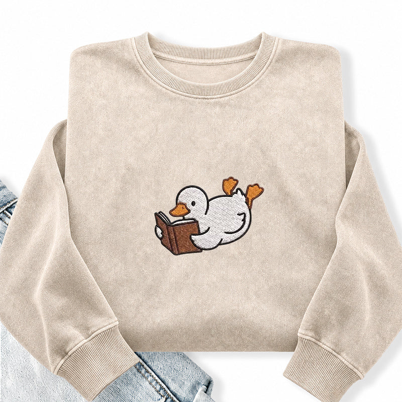 Embroidered Reading Duck Washed Crewneck Sweatshirt