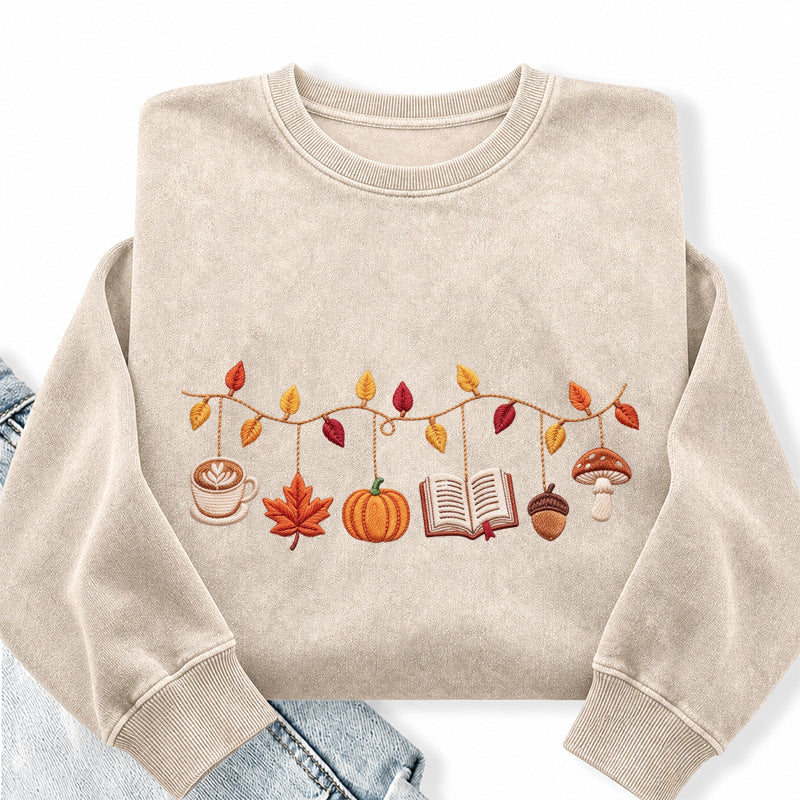 Embroidered Coffee Books Pumpkin Mushroom Washed Crewneck Sweatshirt