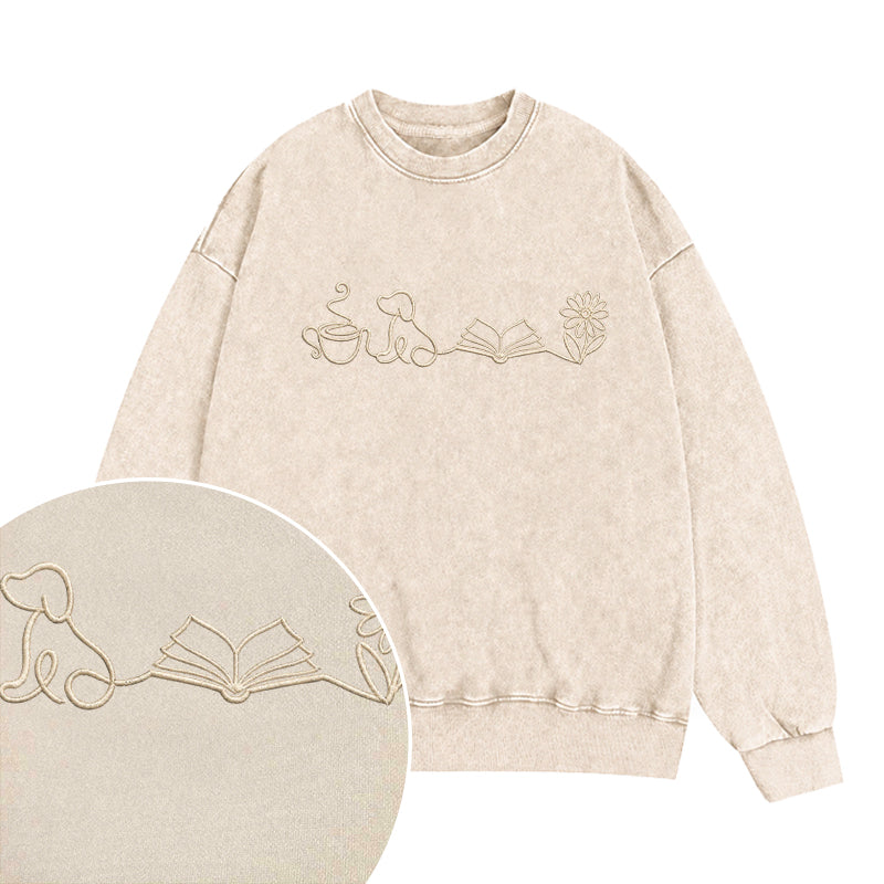 Embroidered Coffee Dog Book Flowers Washed Crewneck Sweatshirt