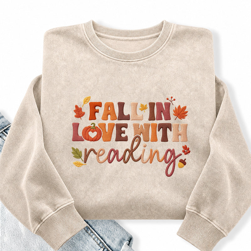 Embroidered Fall In Love With Reading Washed Crewneck Sweatshirt