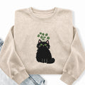 Embroidered Plant Black Cat Washed Crewneck Sweatshirt