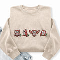 Embroidered Woodland Owls Washed Crewneck Sweatshirt