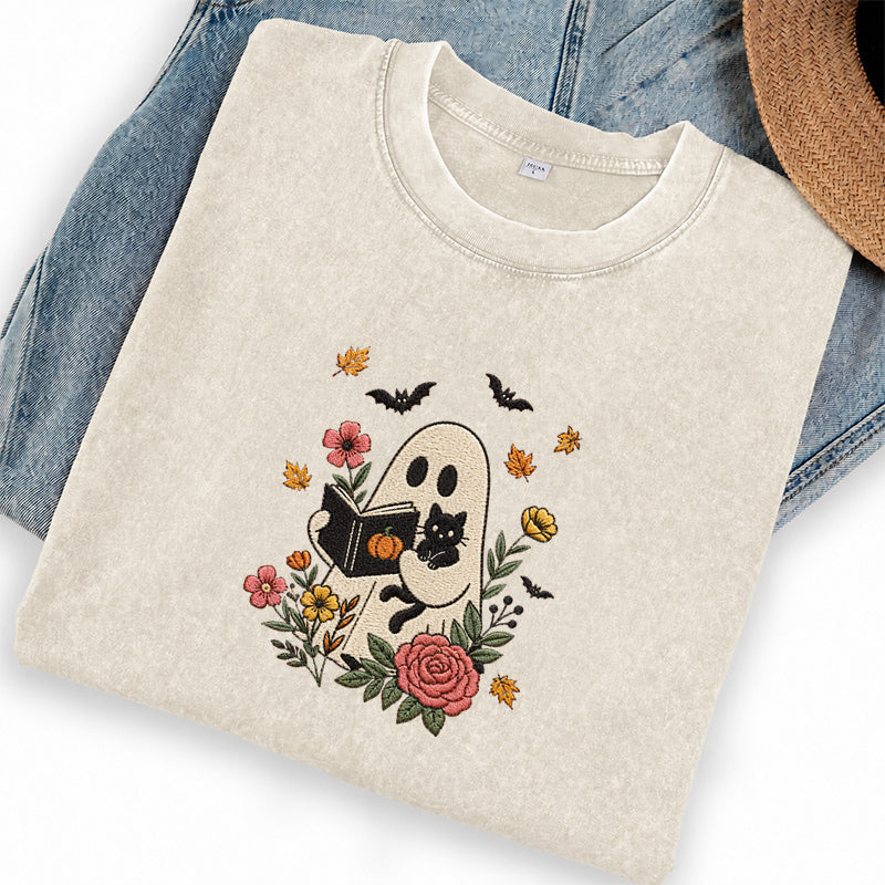 Embroidered Floral Ghost Reading Washed Crew Neck T-Shirt