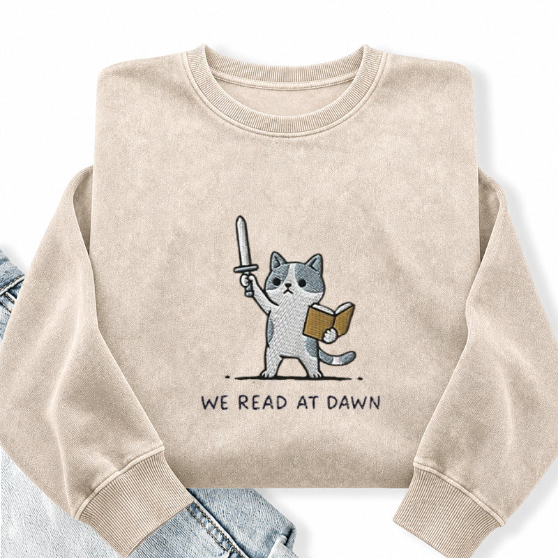 Embroidered We Read At Dawn Cat Washed Crewneck Sweatshirt