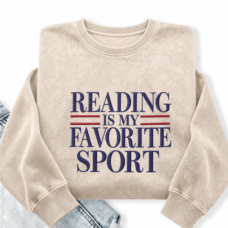 Embroidered Reading Is My Favorite Sport Washed Crewneck Sweatshirt