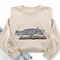 Embroidered Cat Sleeping On Book Washed Crewneck Sweatshirt