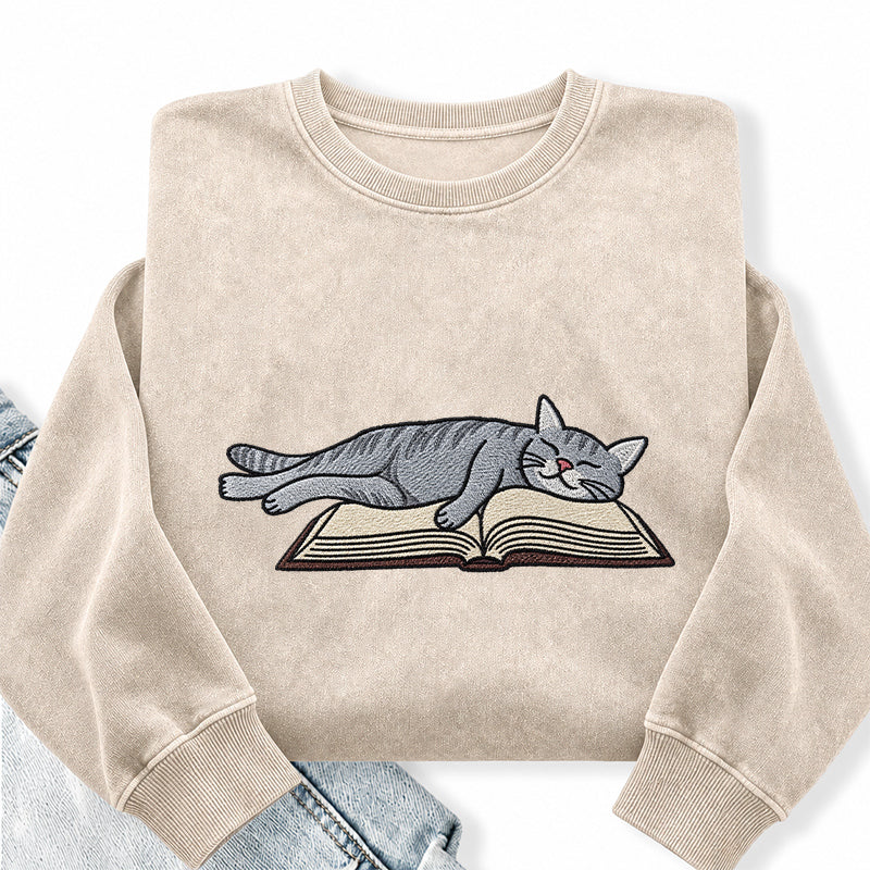 Embroidered Cat Sleeping On Book Washed Crewneck Sweatshirt