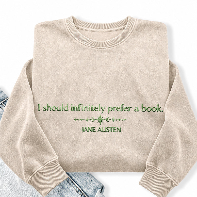 Embroidered Prefer a Book Washed Crewneck Sweatshirt
