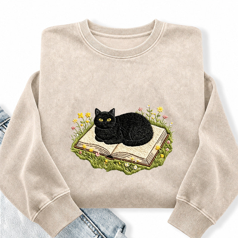 Embroidered Black Cat Book Washed Crewneck Sweatshirt
