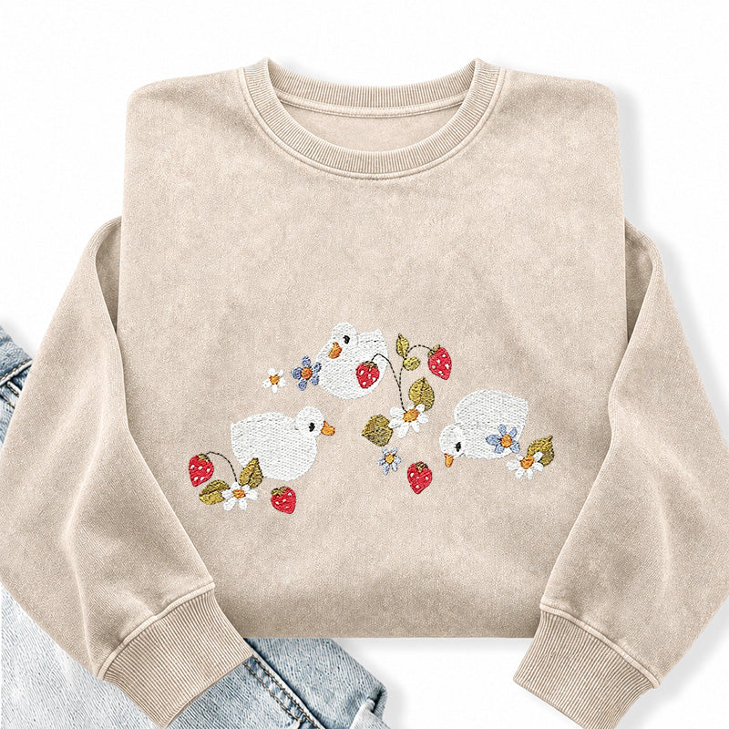 Embroidered Strawberry Duck Washed Crewneck Sweatshirt