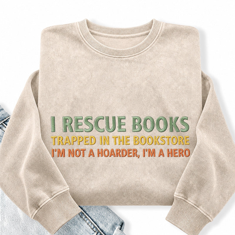 Embroidered I Rescue Books Washed Crewneck Sweatshirt
