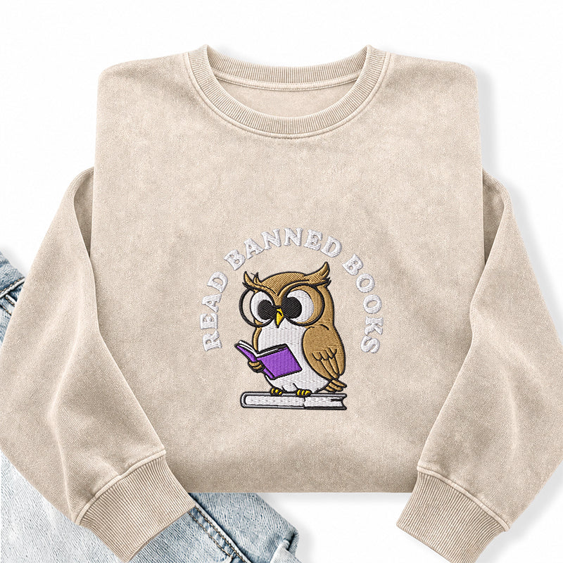 Embroidered Read Banned Books Owl Washed Crewneck Sweatshirt