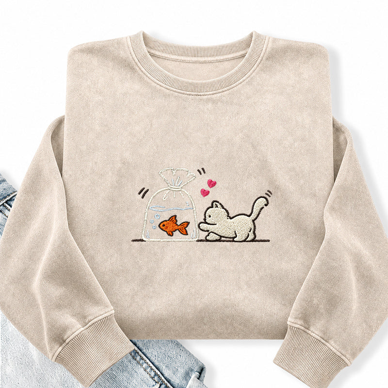 Embroidered Cute Cat Goldfish Washed Crewneck Sweatshirt
