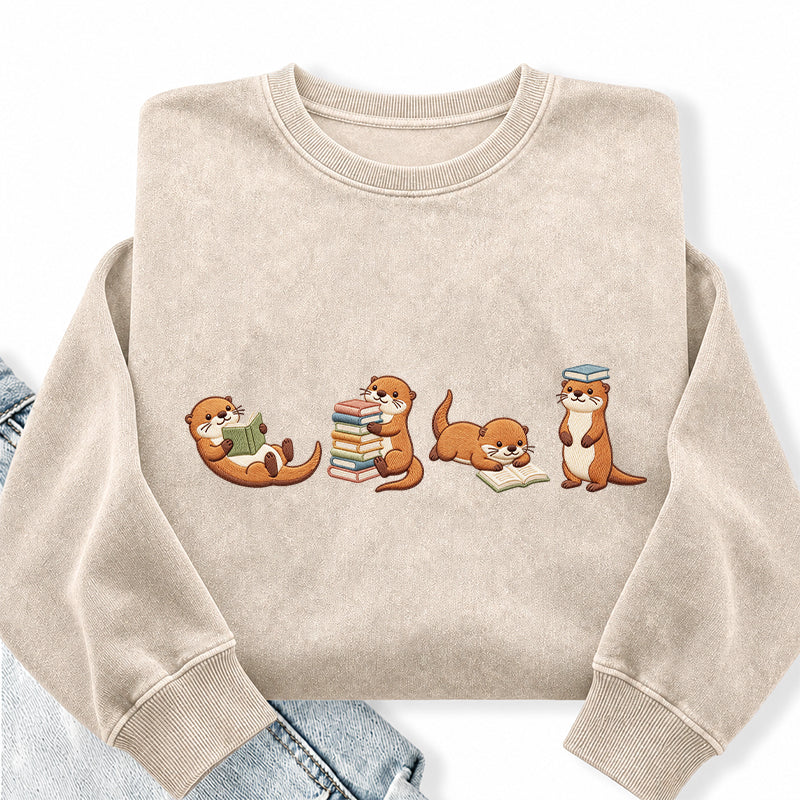 Embroidered Otter Reading Book Washed Crewneck Sweatshirt