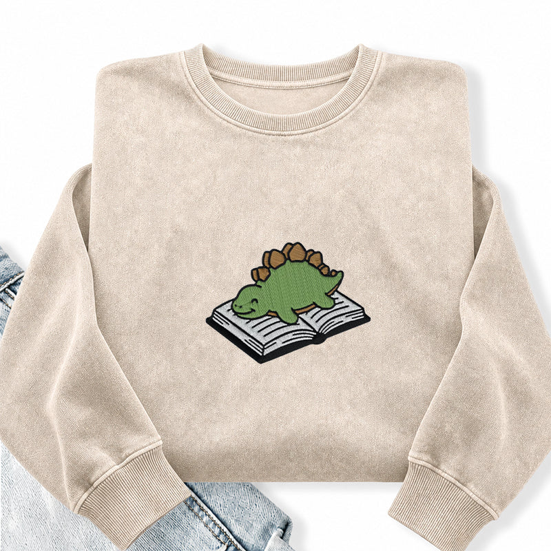 Embroidered Dinosaur Reading Books Washed Crewneck Sweatshirt