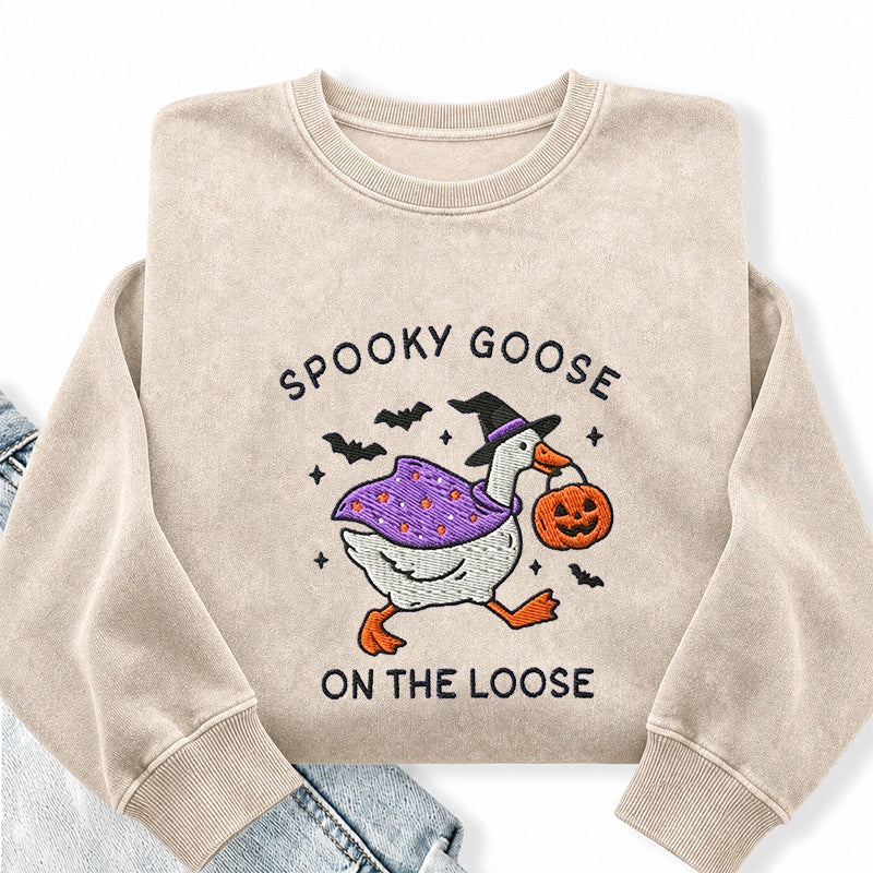 Embroidered Spooky Goose Washed Crewneck Sweatshirt