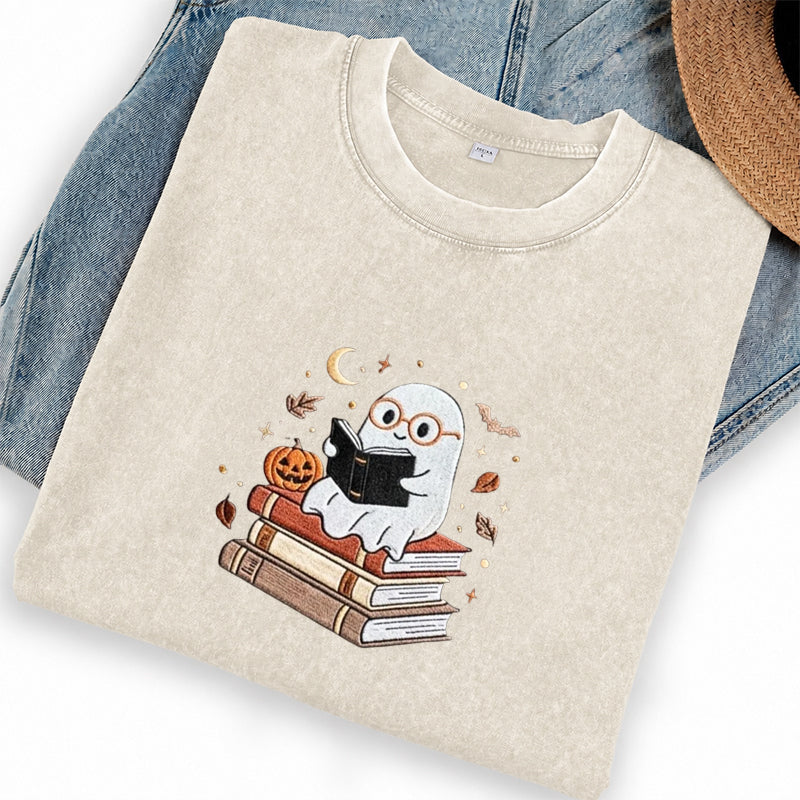 Embroidered Ghost Reading Books Washed Crew Neck T-Shirt