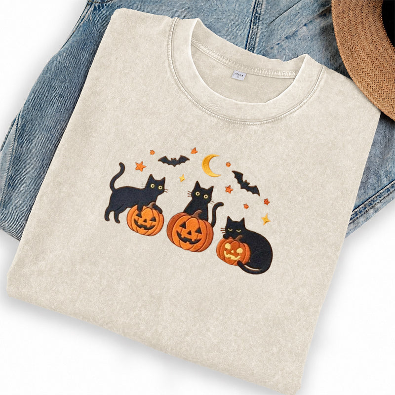 Embroidered Black Cats and Pumpkin Halloween Washed Crew Neck T-Shirt