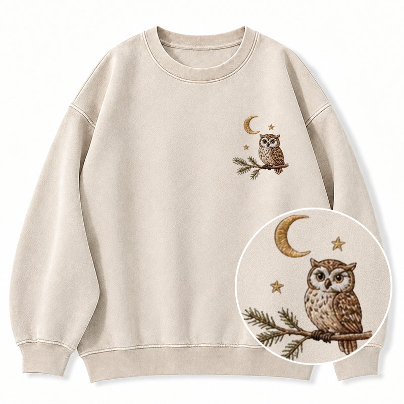 Embroidered Night Owl Washed Crewneck Sweatshirt